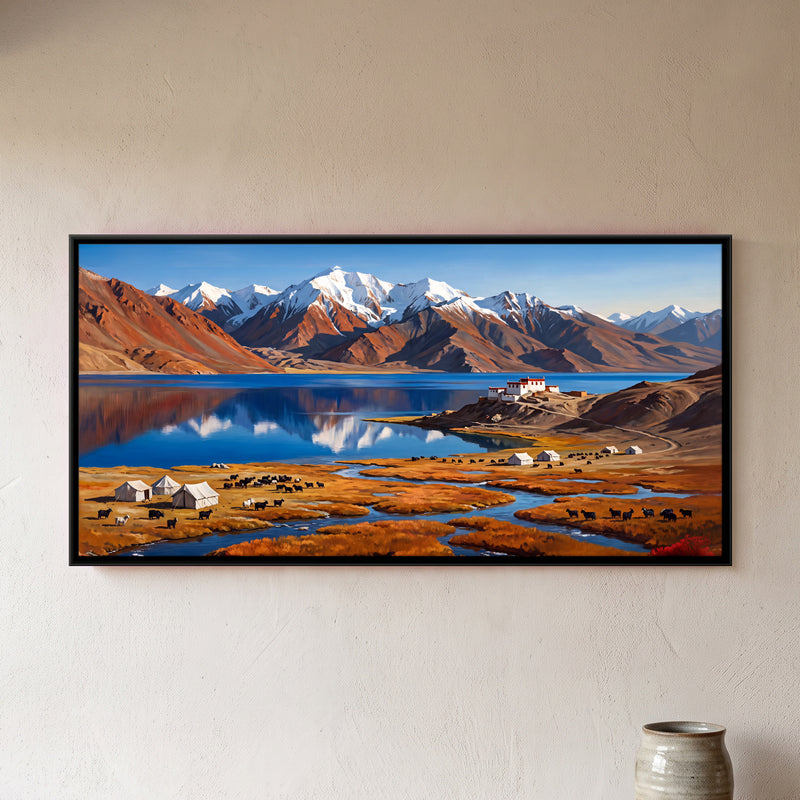 Monastery Above Tso Moriri - framed canvas art hung on a wall