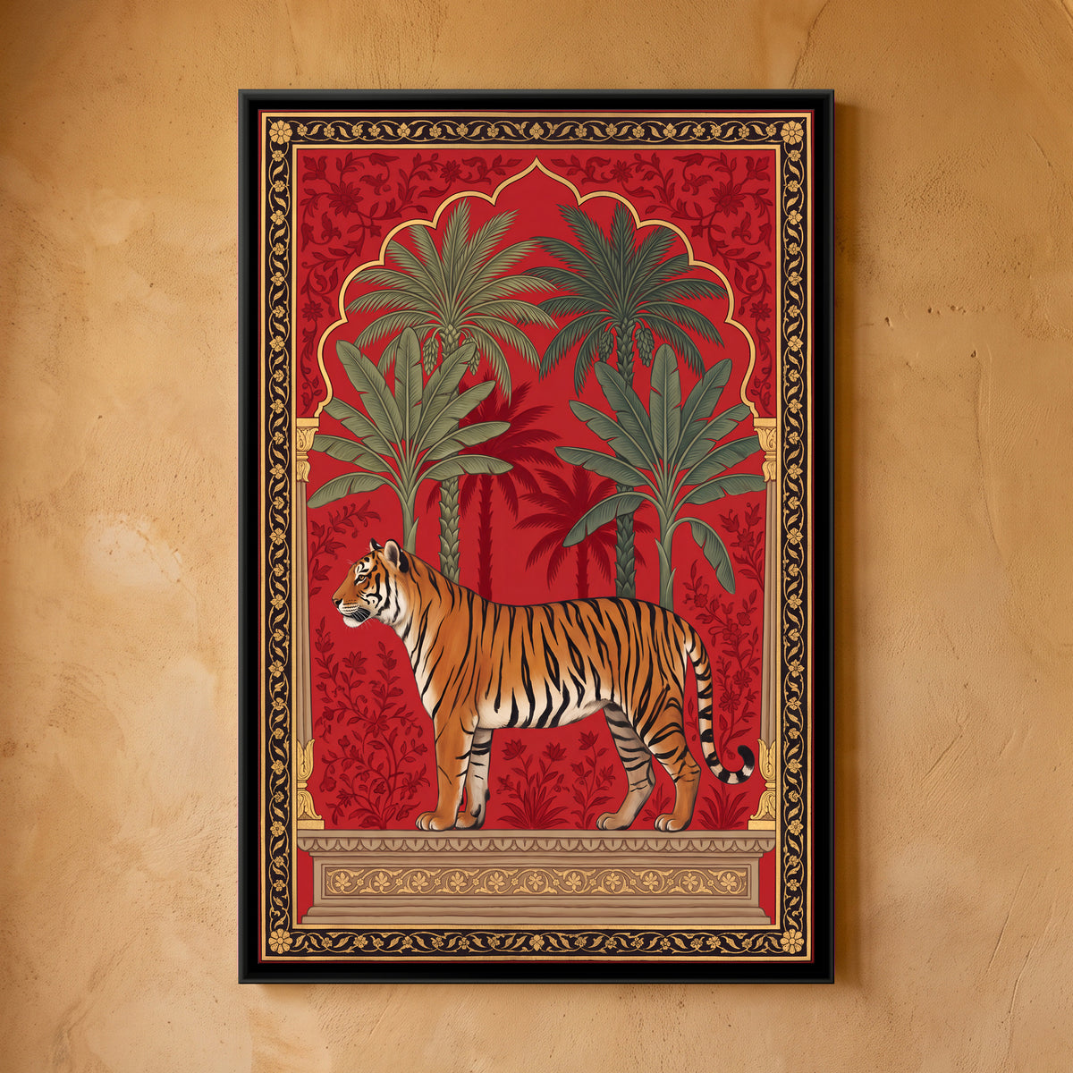 Tiger Beneath a Palm Arch - framed canvas art hung on a wall