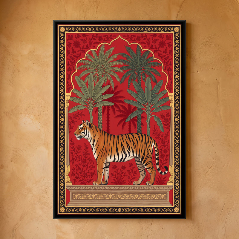 Tiger Beneath a Palm Arch - framed canvas art hung on a wall