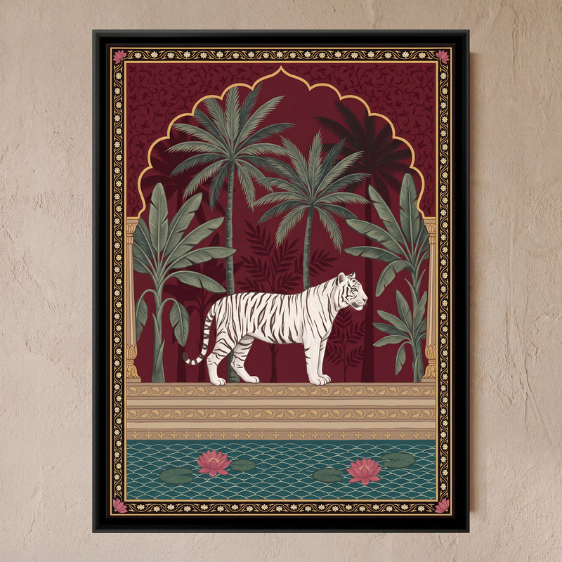 White Tiger Beneath a Palm Arch - framed canvas art hung on a wall
