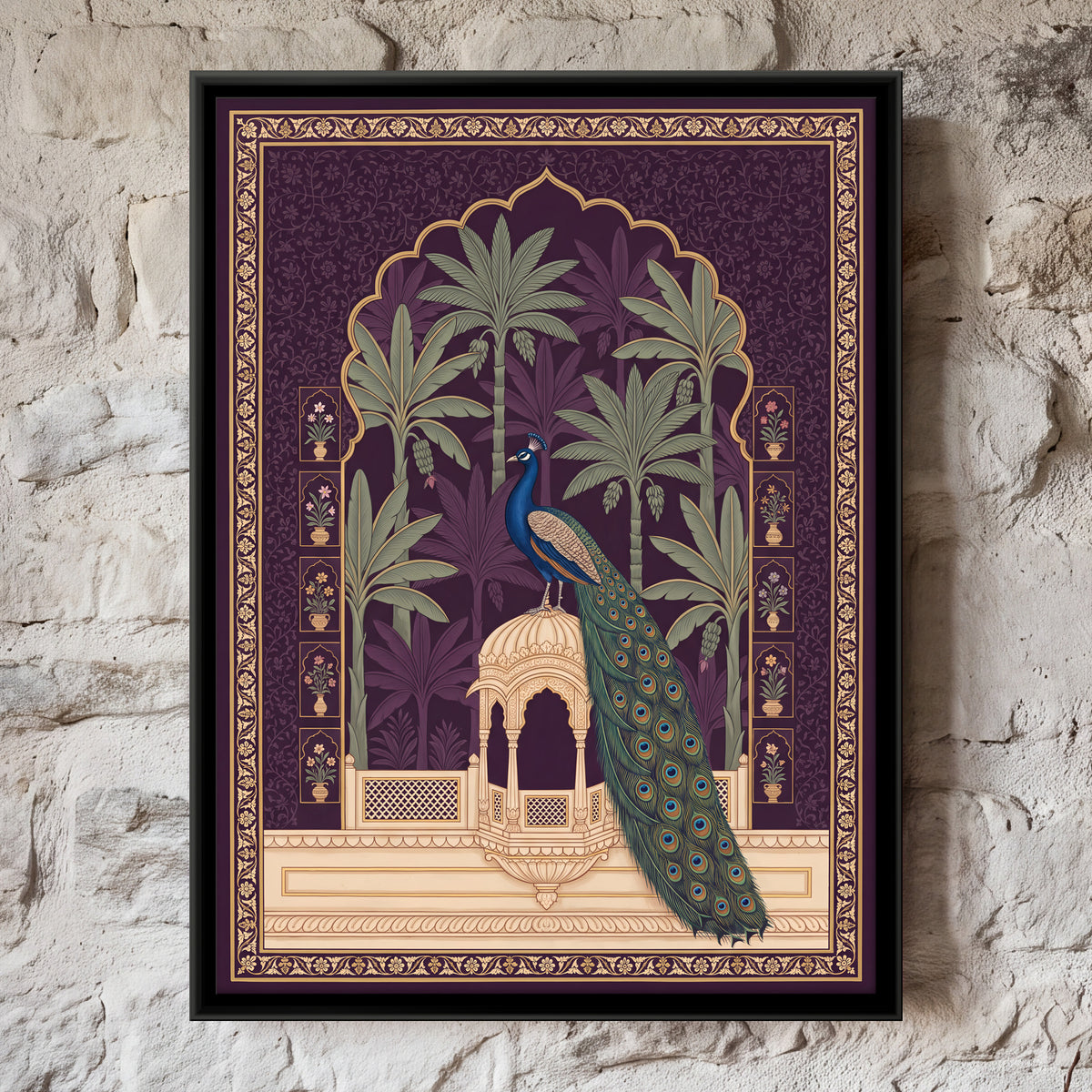 Peacock on a Palace Pavilion - framed canvas art hung on a wall
