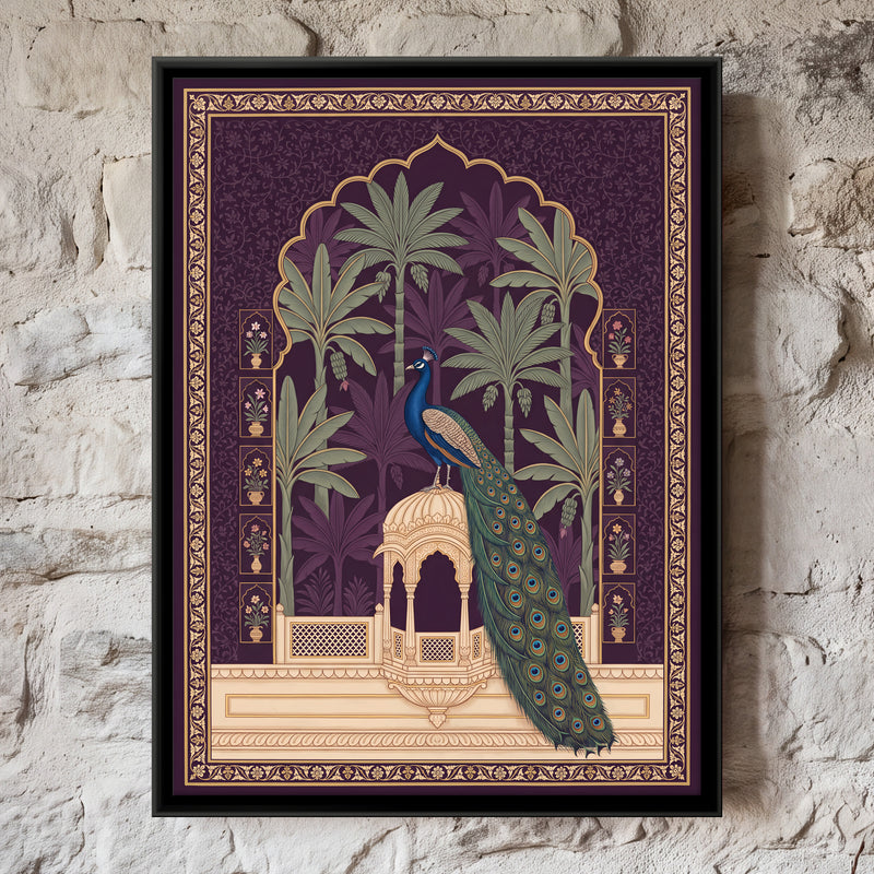 Peacock on a Palace Pavilion - framed canvas art hung on a wall