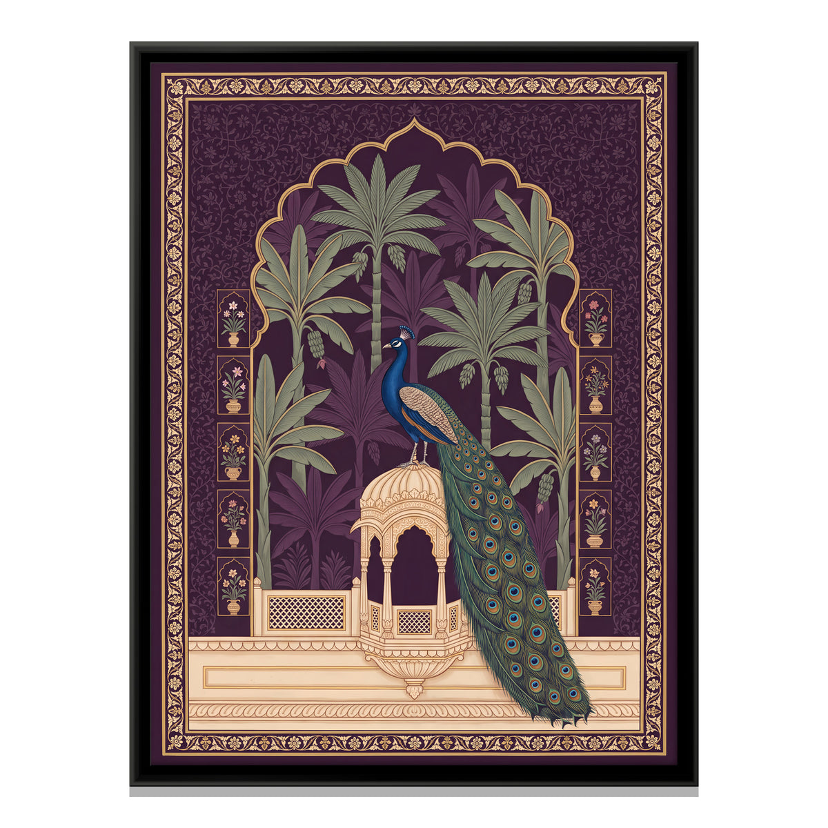 Peacock on a Palace Pavilion - framed canvas print, front view