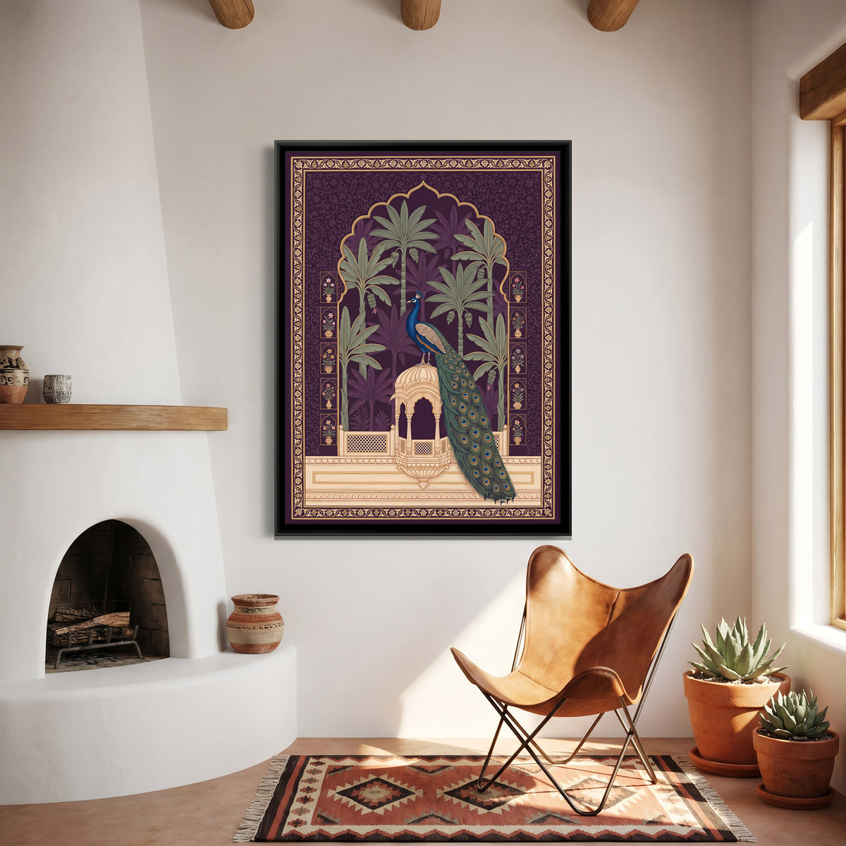 Peacock on a Palace Pavilion - canvas art shown in a styled room