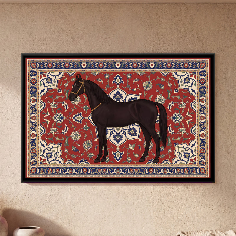 Marwari Horse on a Persian Carpet - framed canvas art hung on a wall