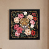 Leopard Head Surrounded by Roses and Tulips