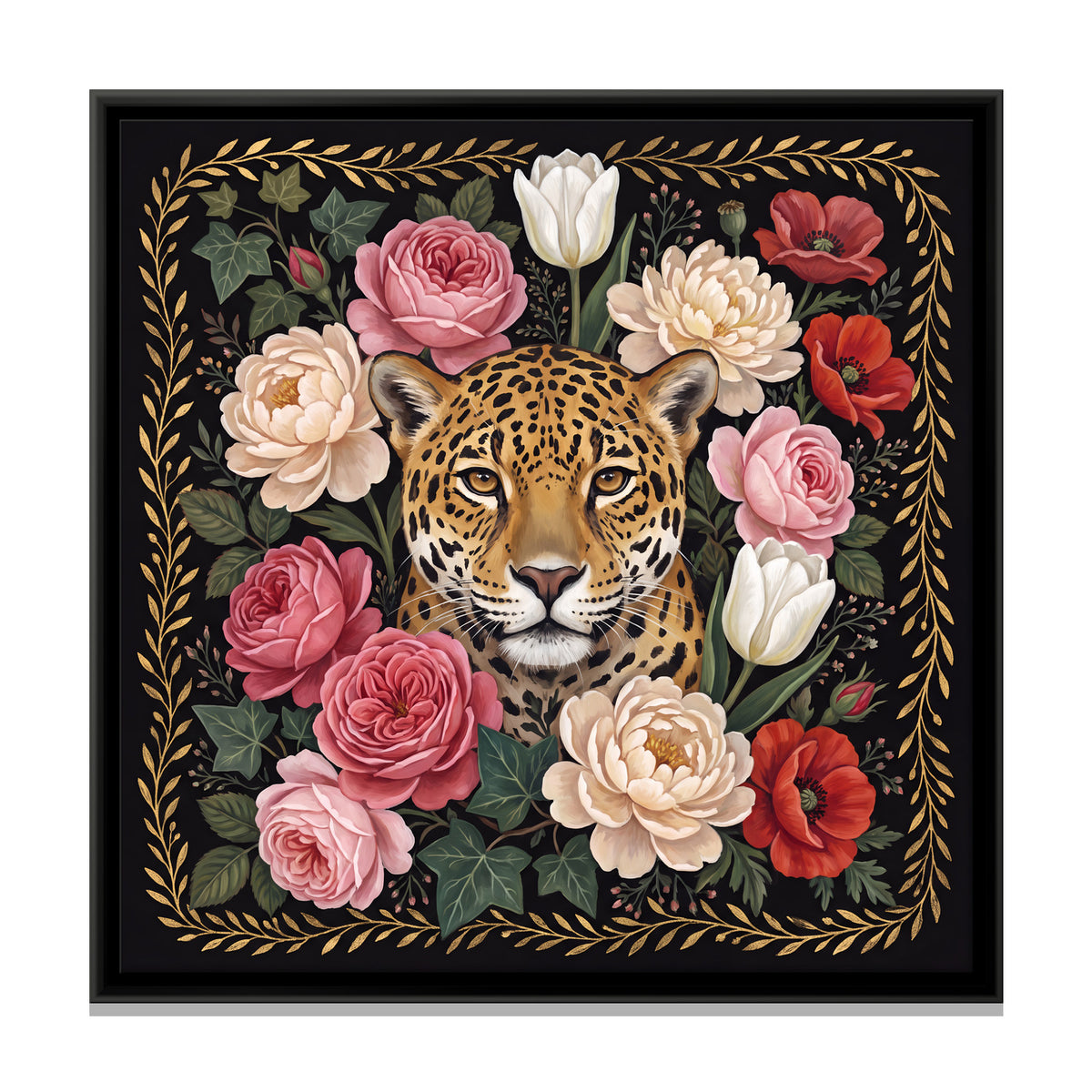 Leopard Among Roses - framed canvas print, front view