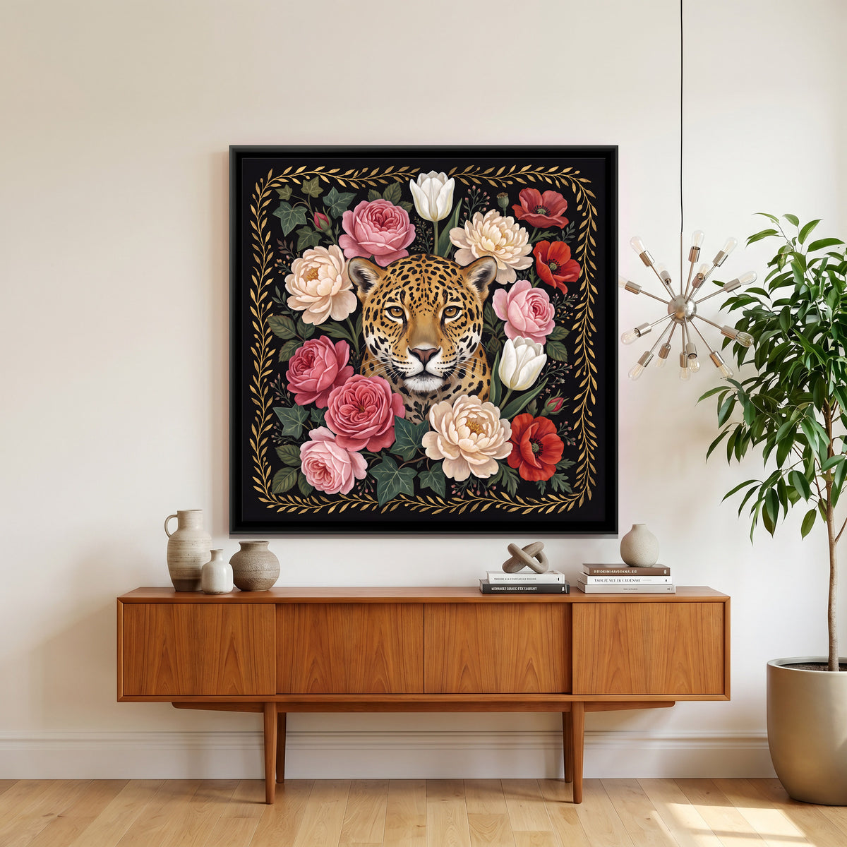 Leopard Among Roses - canvas art shown in a styled room