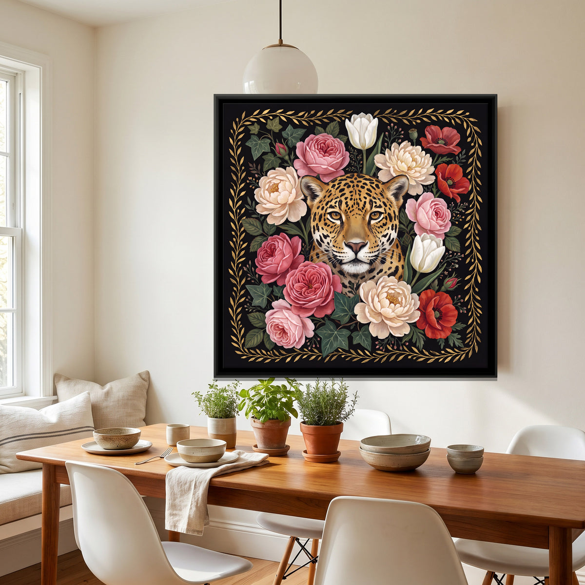 Leopard Among Roses - canvas art shown in a second room setting