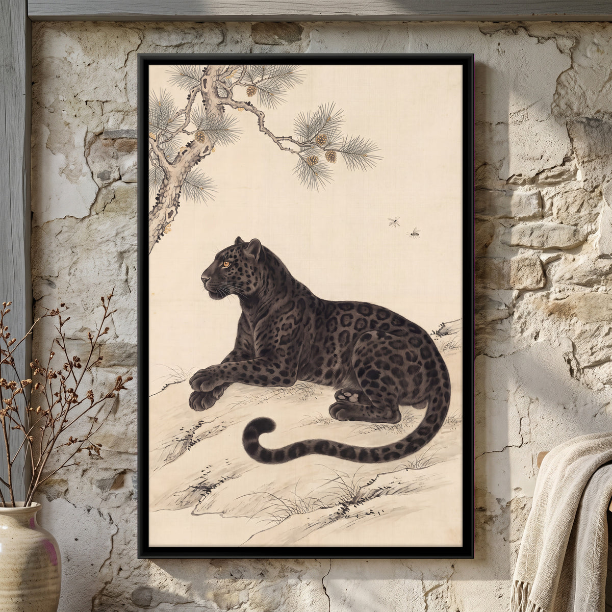 Black Panther Beneath a Pine Branch - framed canvas art hung on a wall