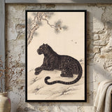 Black Panther Beneath a Pine Branch in Sand