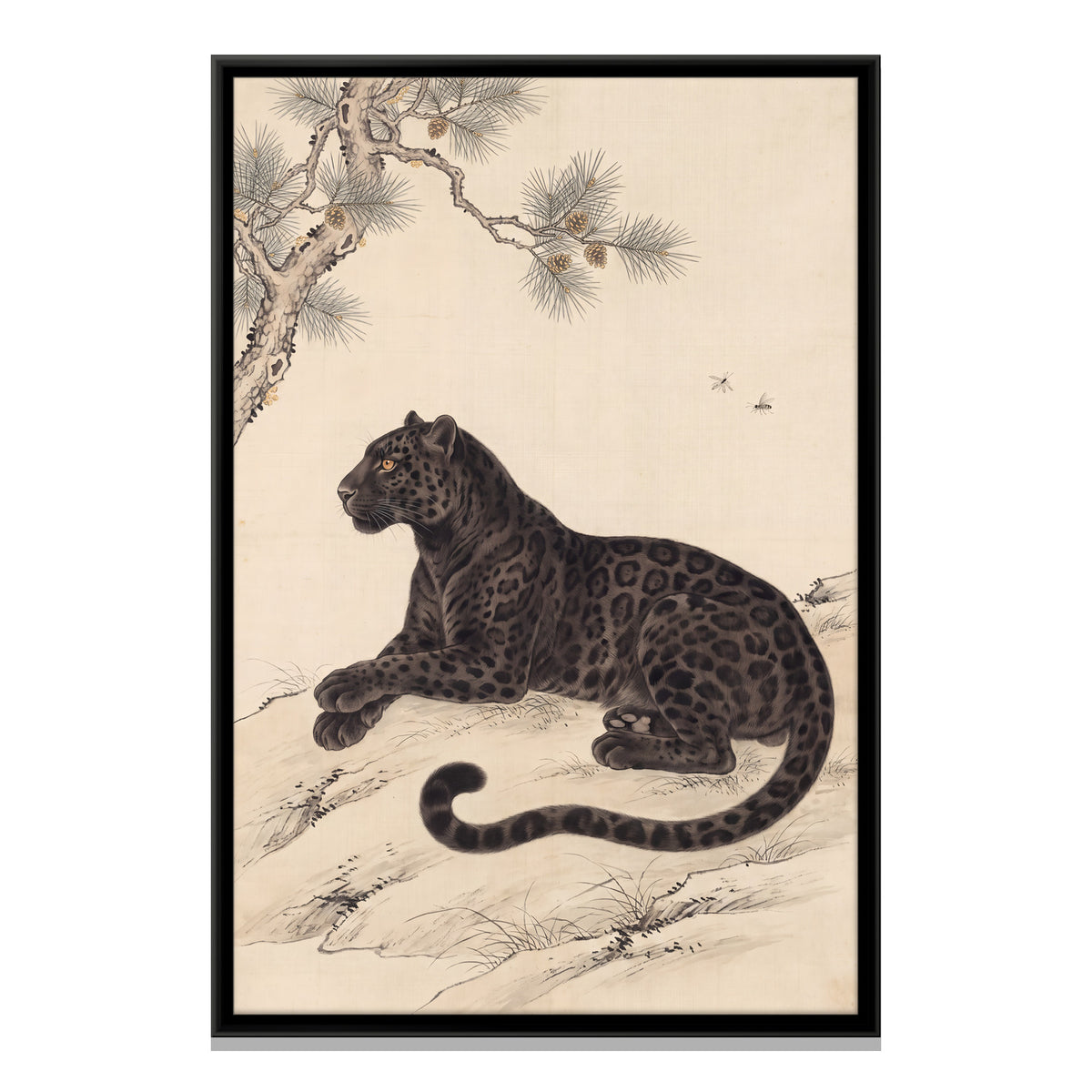 Black Panther Beneath a Pine Branch - framed canvas print, front view