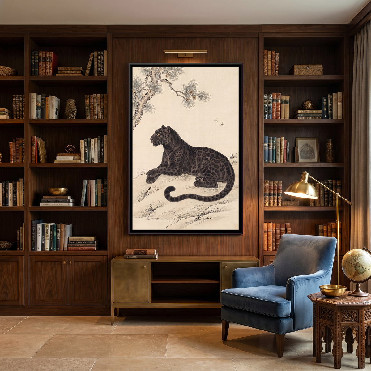 Black Panther Beneath a Pine Branch - canvas art shown in a styled room