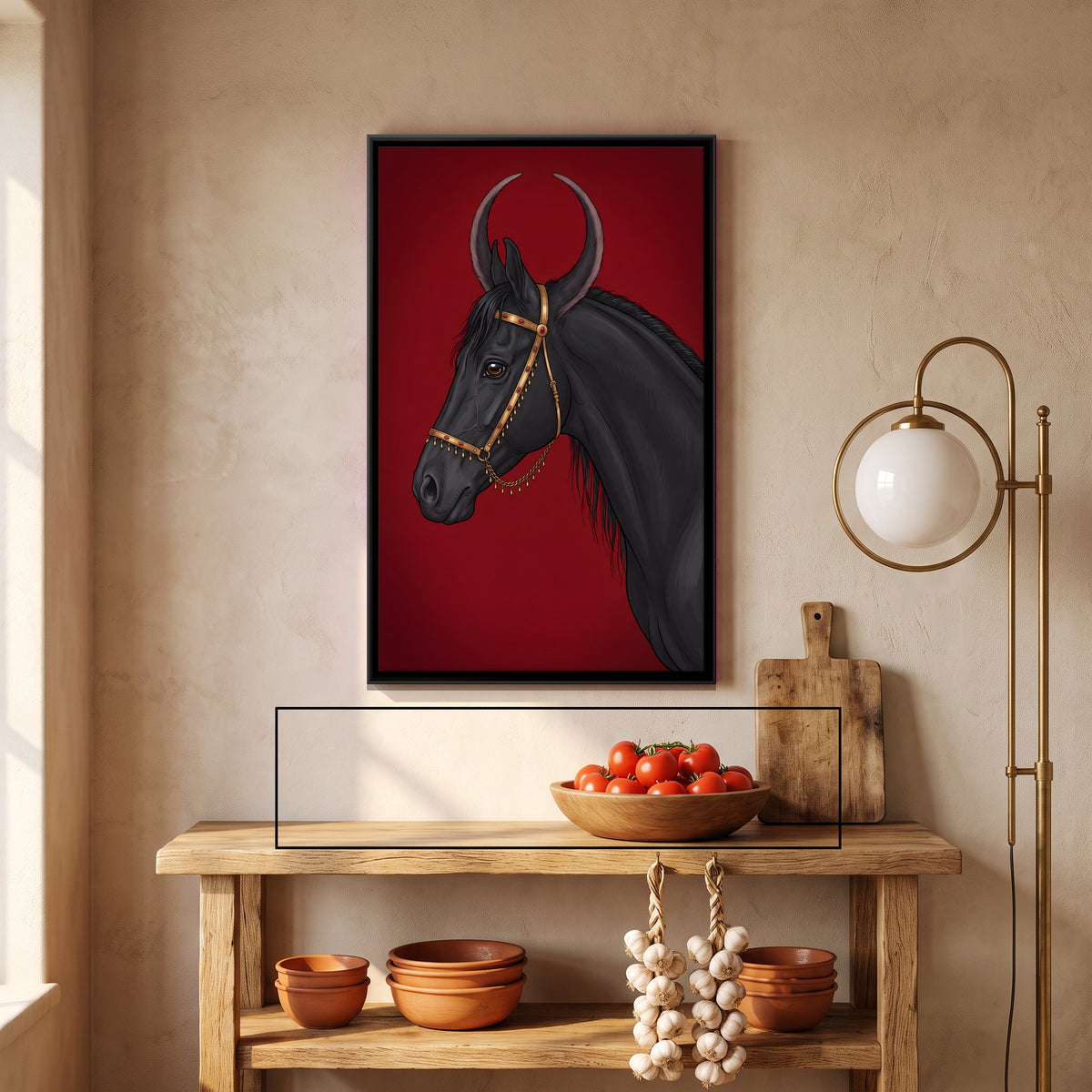 Marwari Horse in Gold Bridle - canvas art shown in a second room setting