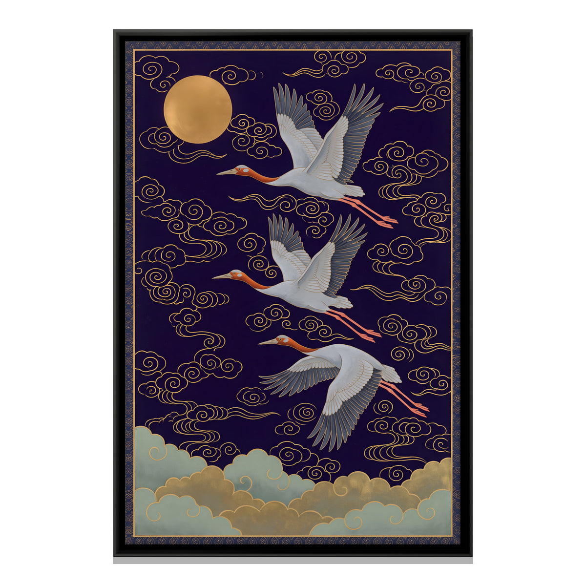 Sarus Cranes and the Moon - framed canvas print, front view