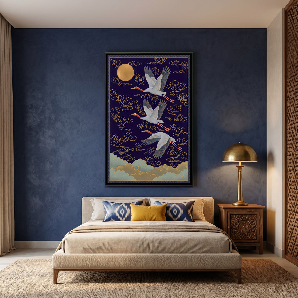 Sarus Cranes and the Moon - canvas art shown in a styled room