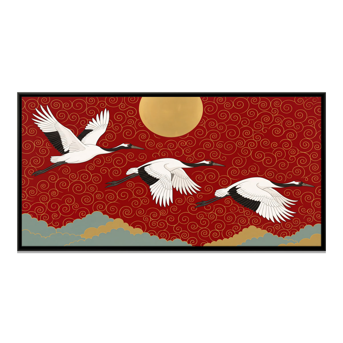 Red-Crowned Cranes and the Sun - framed canvas print, front view