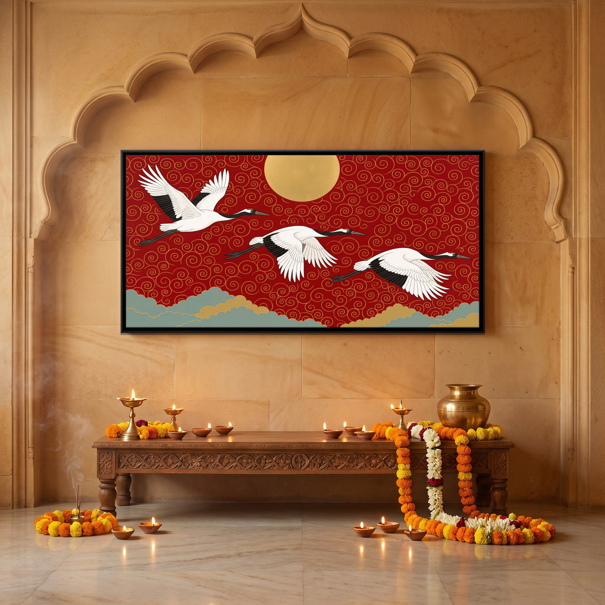 Red-Crowned Cranes and the Sun - canvas art shown in a styled room
