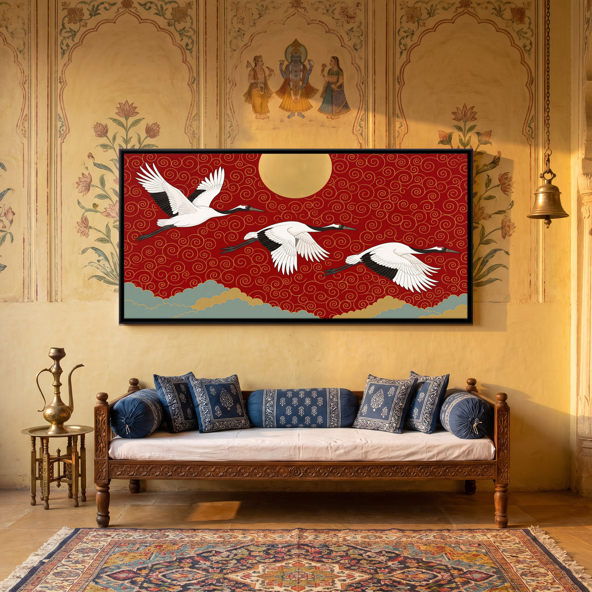 Red-Crowned Cranes and the Sun - canvas art shown in a second room setting