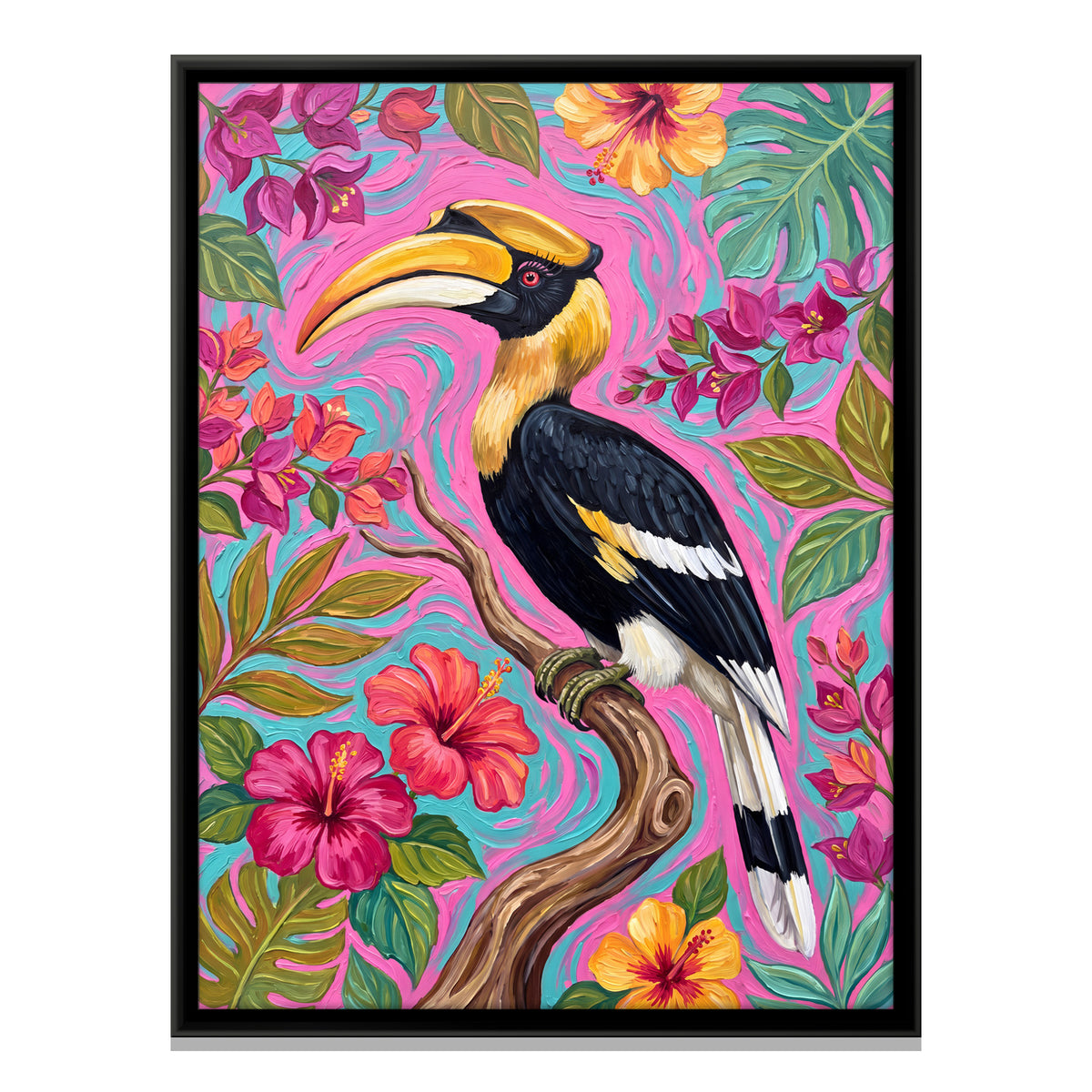 Great Hornbill on a Flowering Branch - framed canvas print, front view