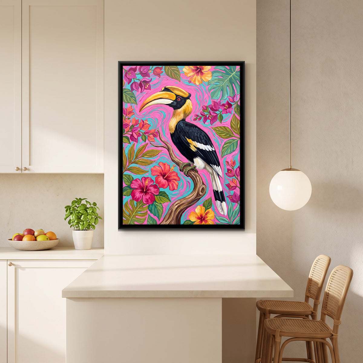 Great Hornbill on a Flowering Branch - canvas art shown in a second room setting