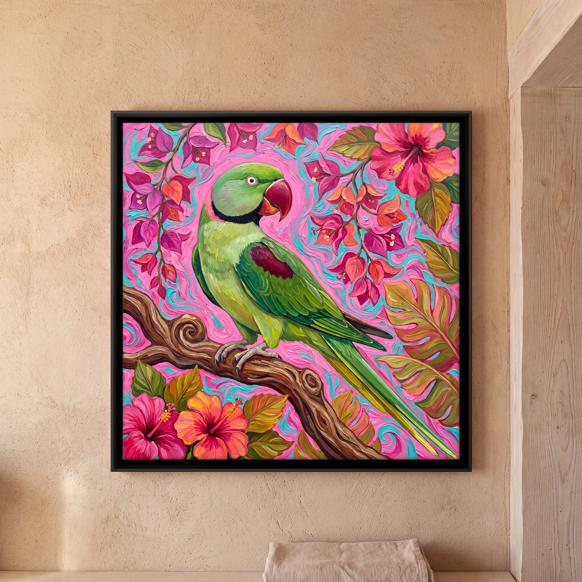 Green Parakeet on a Flowering Branch - framed canvas art hung on a wall