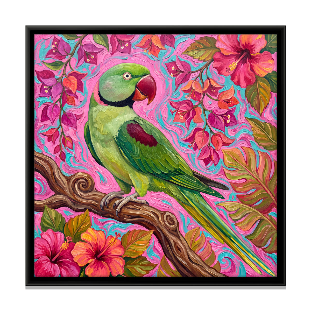 Green Parakeet on a Flowering Branch - framed canvas print, front view