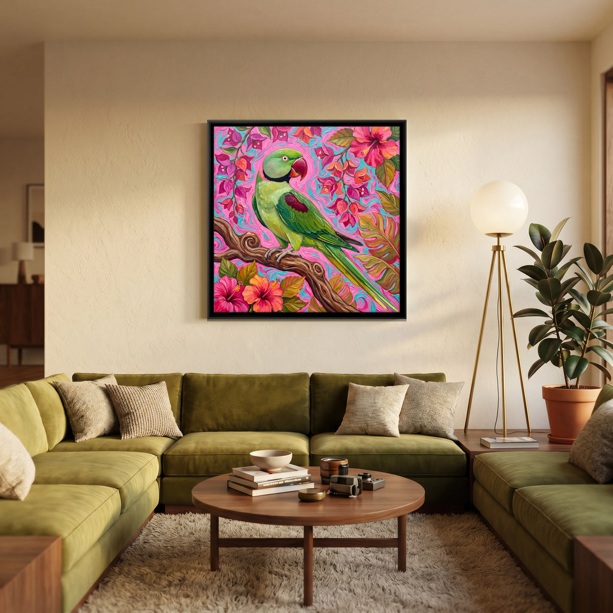 Green Parakeet on a Flowering Branch - canvas art shown in a styled room