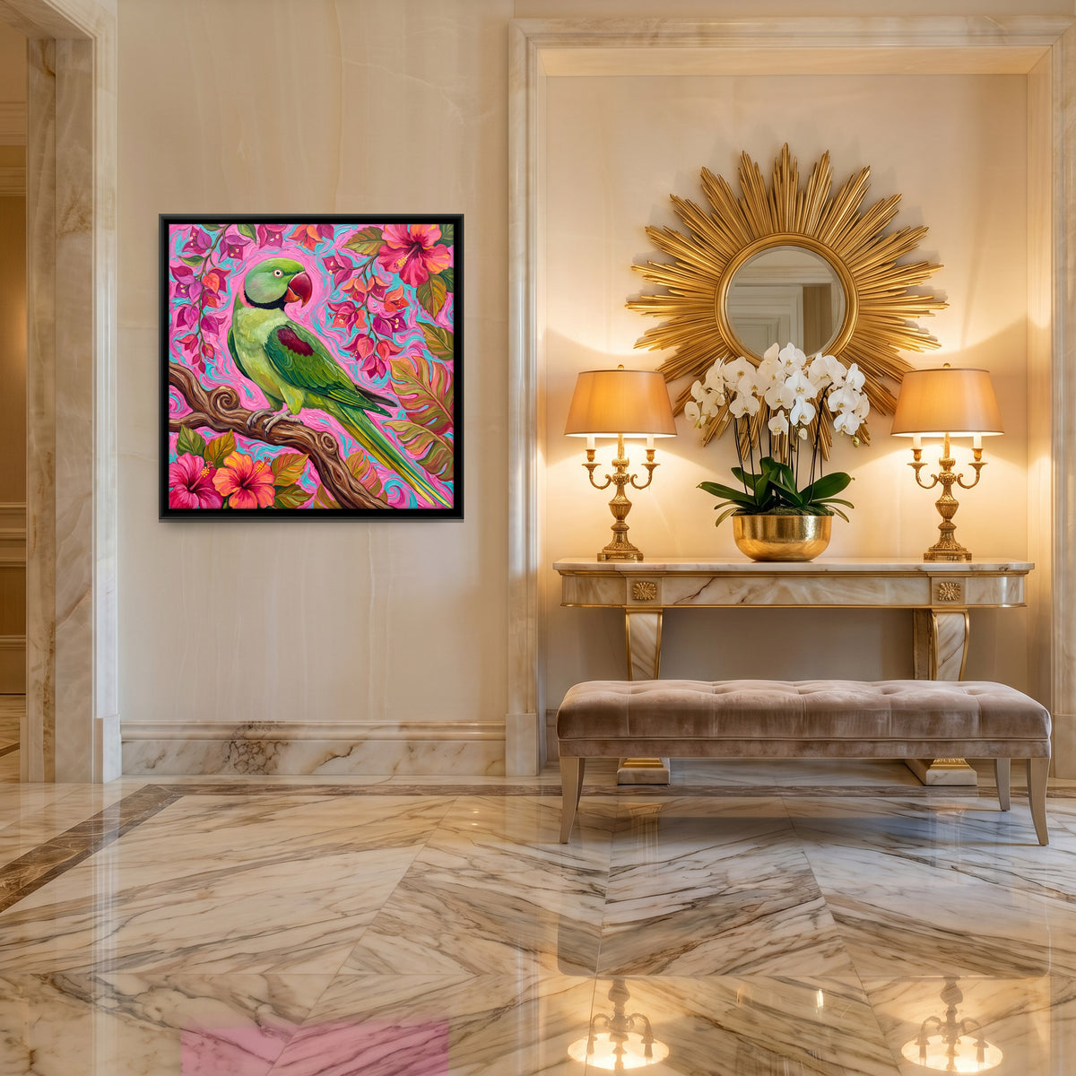 Green Parakeet on a Flowering Branch - canvas art shown in a second room setting