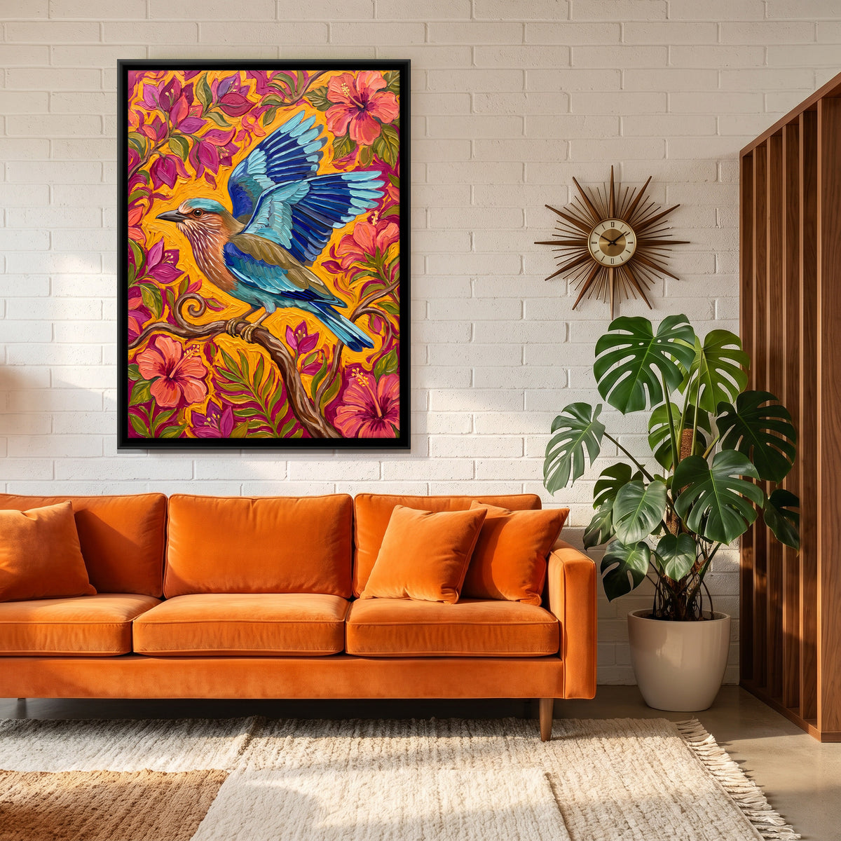 Indian Roller with Wings Spread - canvas art shown in a styled room