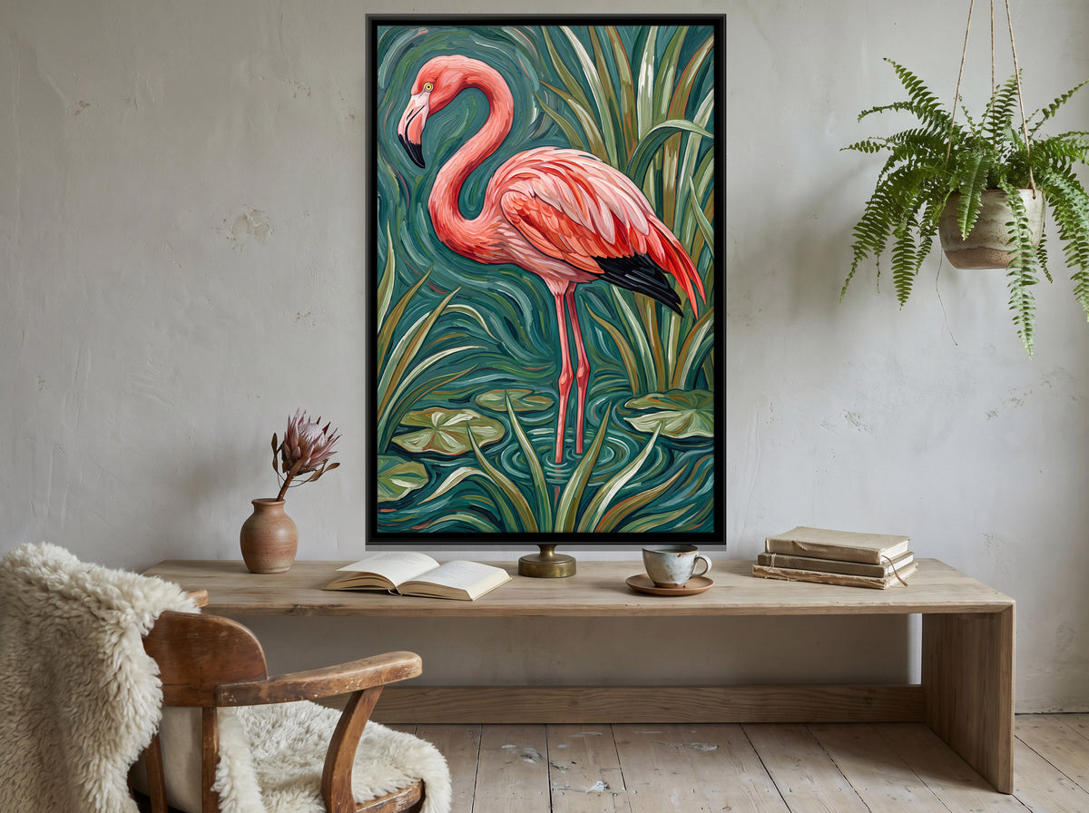 Flamingo Among Reeds - canvas art shown in a second room setting