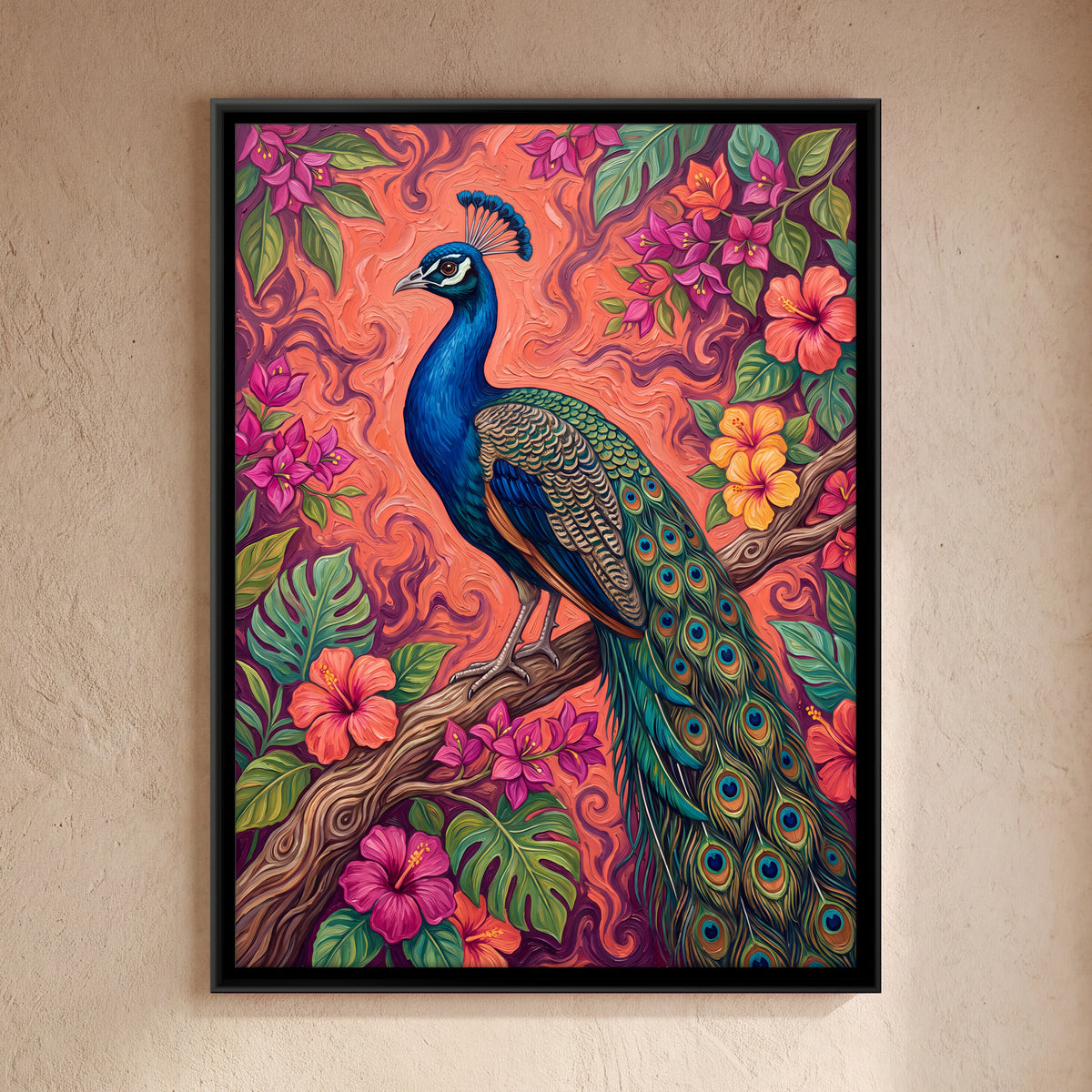 Peacock on a Flowering Branch - framed canvas art hung on a wall