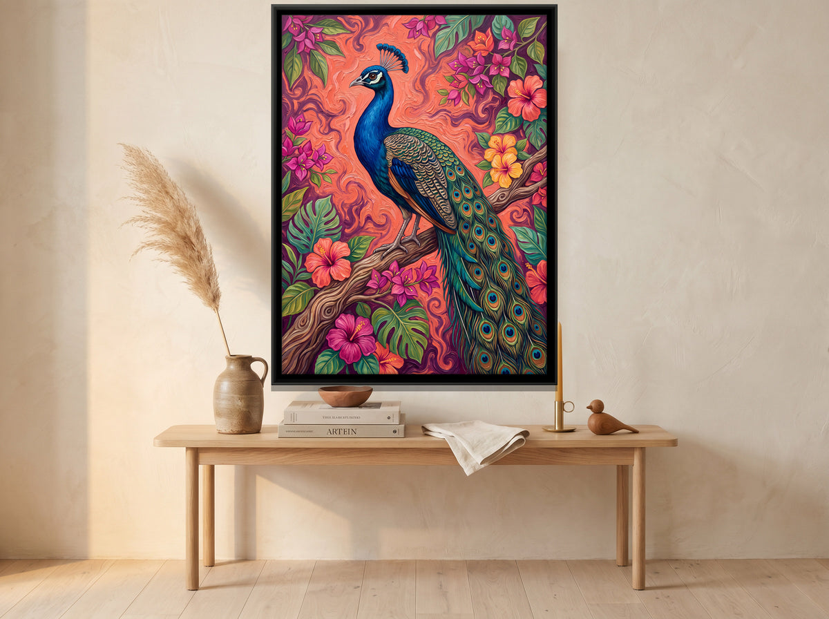 Peacock on a Flowering Branch - canvas art shown in a second room setting