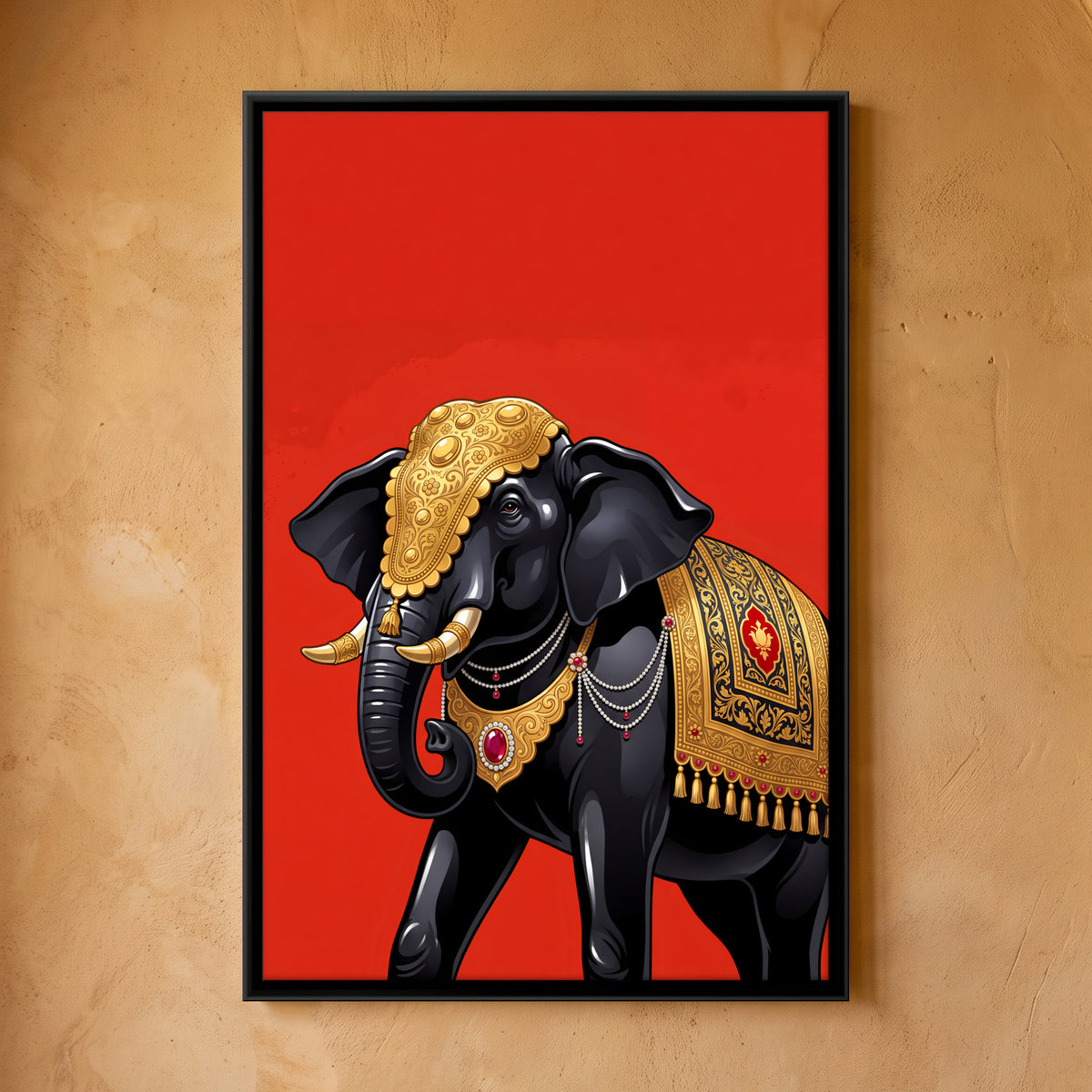 Elephant Adorned in Gold - framed canvas art hung on a wall