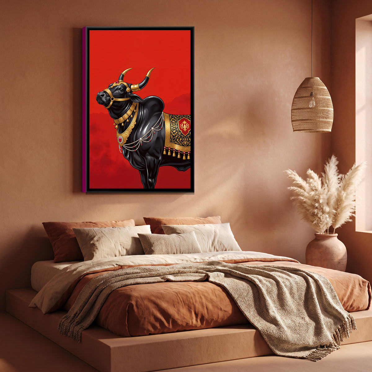 Nandi Bull Adorned in Gold - canvas art shown in a second room setting