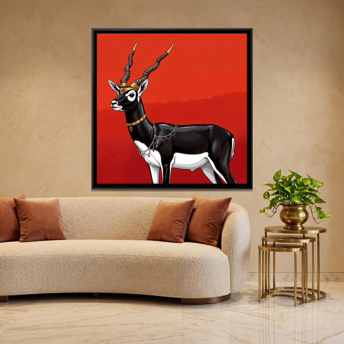 Blackbuck Adorned in Gold - canvas art shown in a styled room