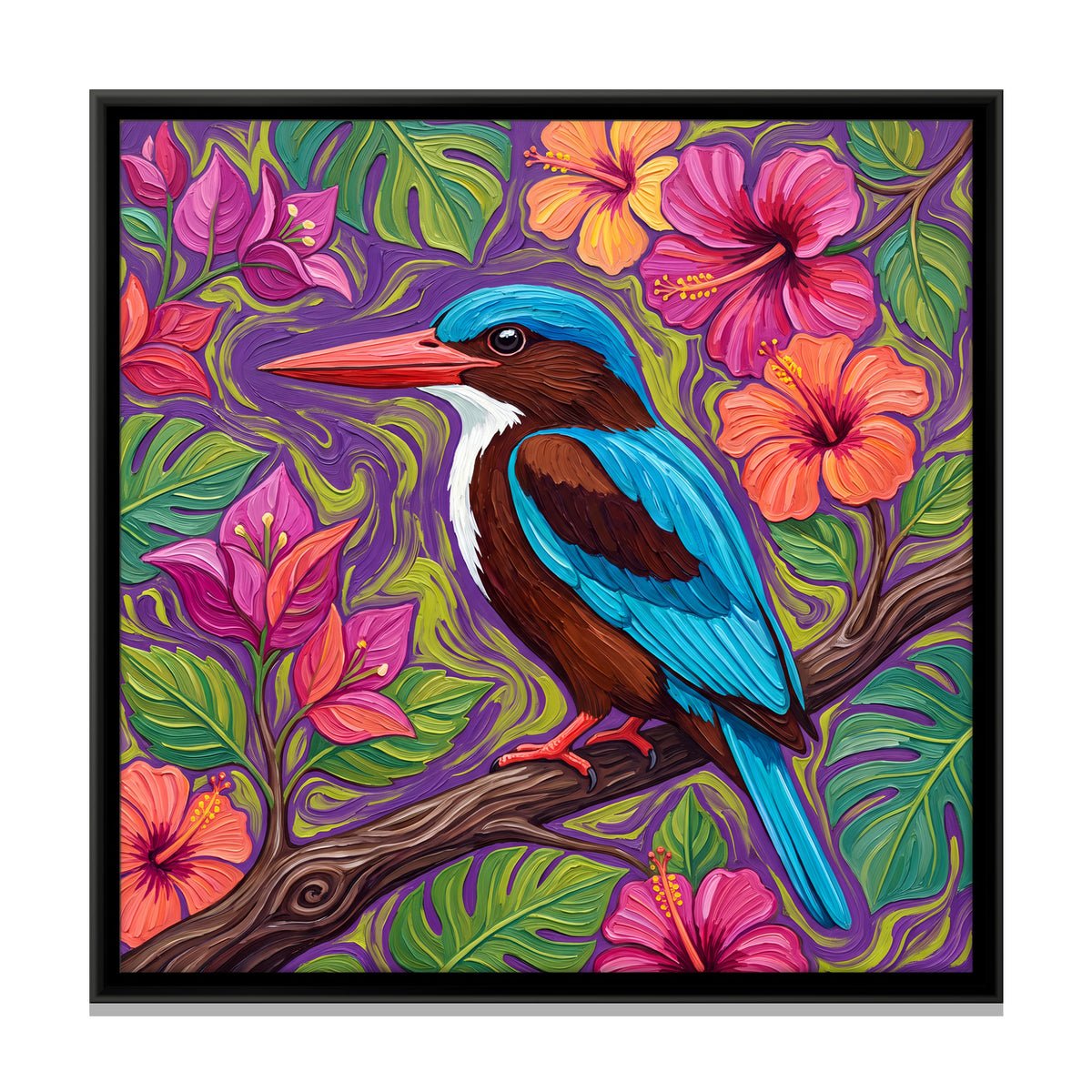 White-Throated Kingfisher on a Branch - framed canvas print, front view