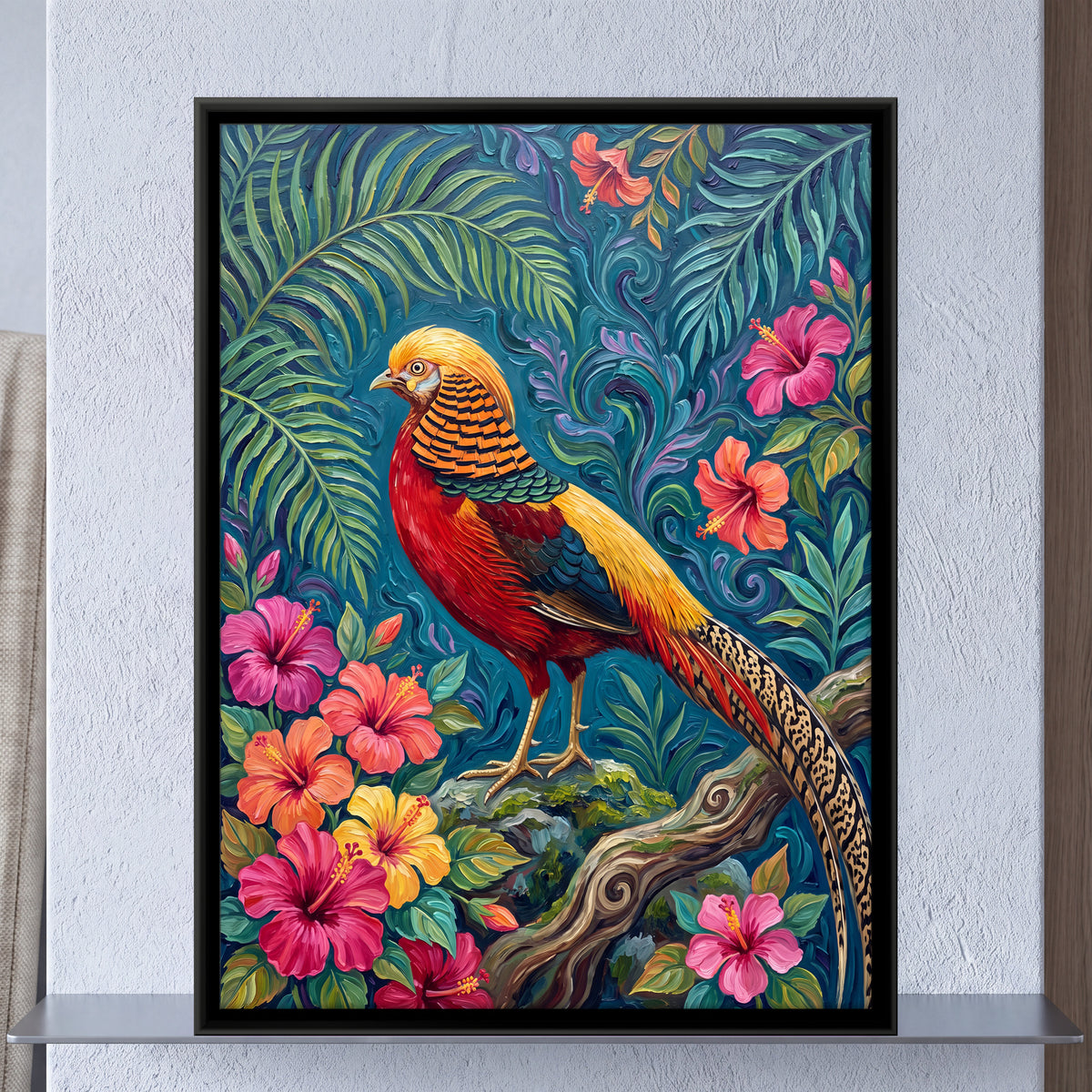 Golden Pheasant Among Hibiscus - framed canvas art hung on a wall