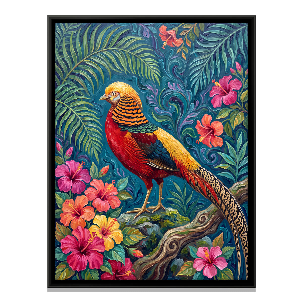 Golden Pheasant Among Hibiscus - framed canvas print, front view
