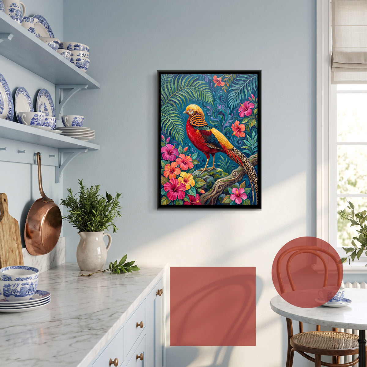 Golden Pheasant Among Hibiscus - canvas art shown in a styled room