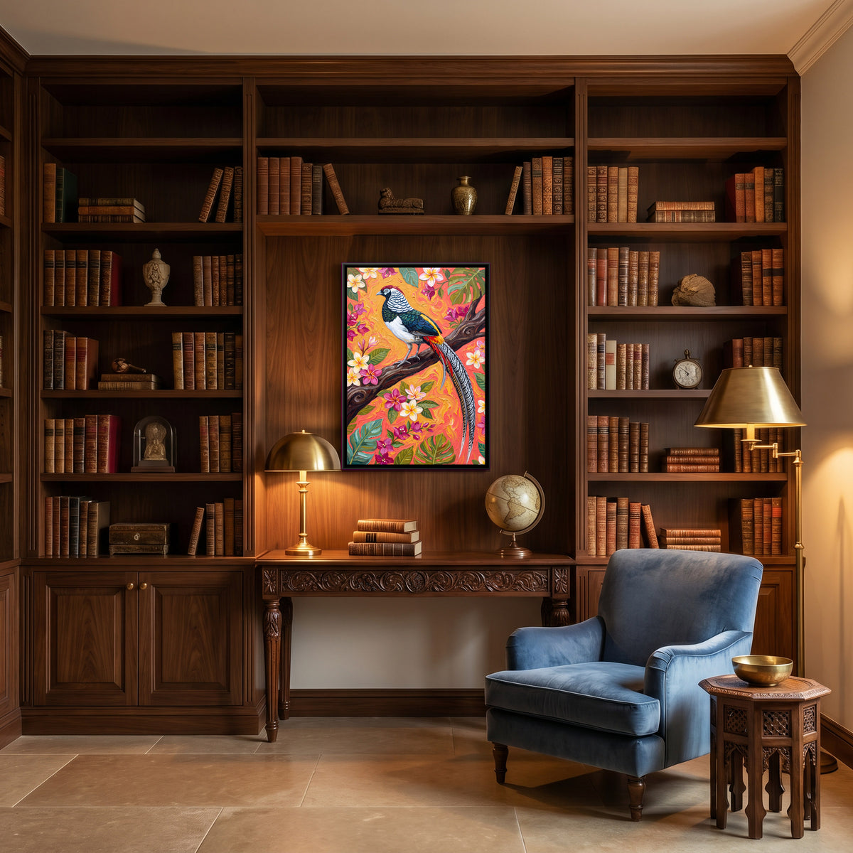 Lady Amherst's Pheasant - canvas art shown in a styled room