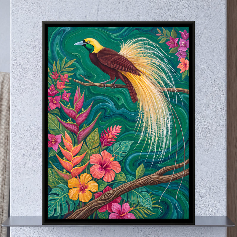 Bird of Paradise on a Branch - framed canvas art hung on a wall
