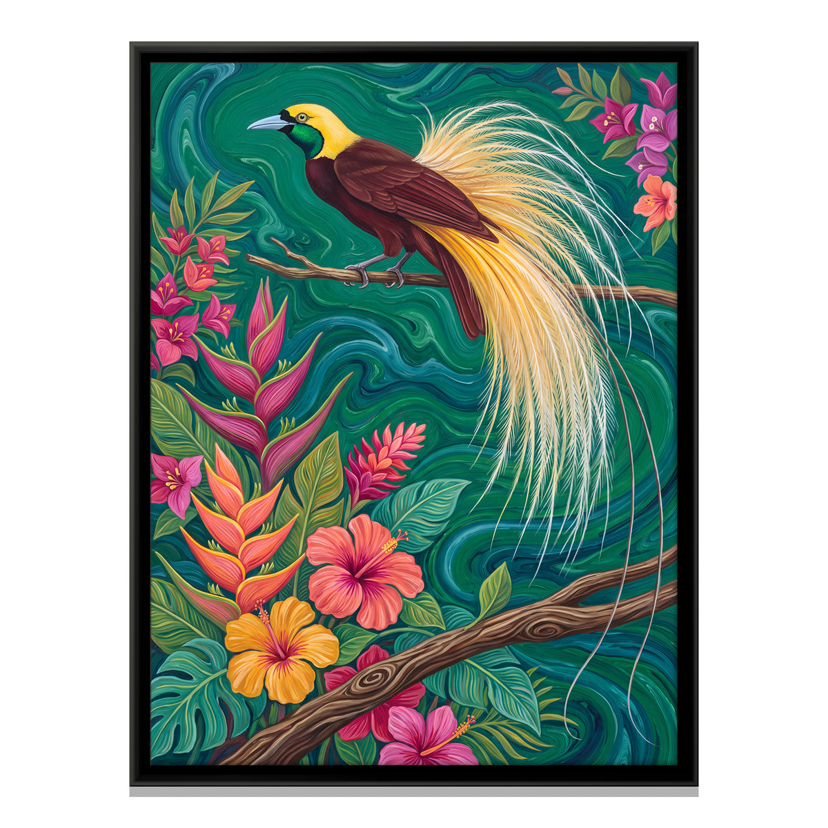 Bird of Paradise on a Branch - framed canvas print, front view