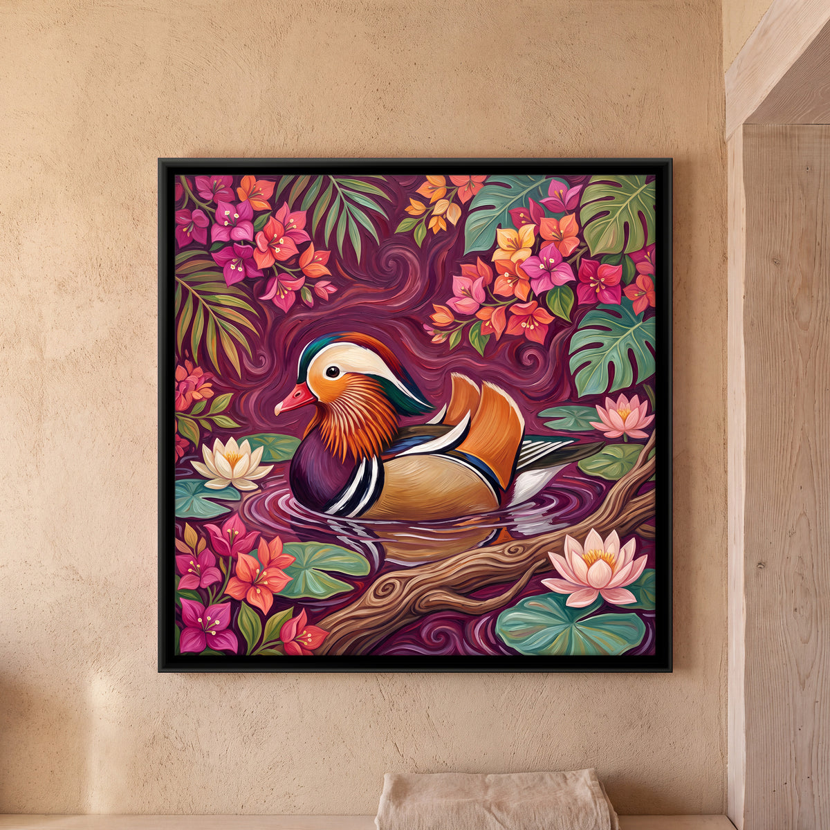 Mandarin Duck Among Lotus - framed canvas art hung on a wall