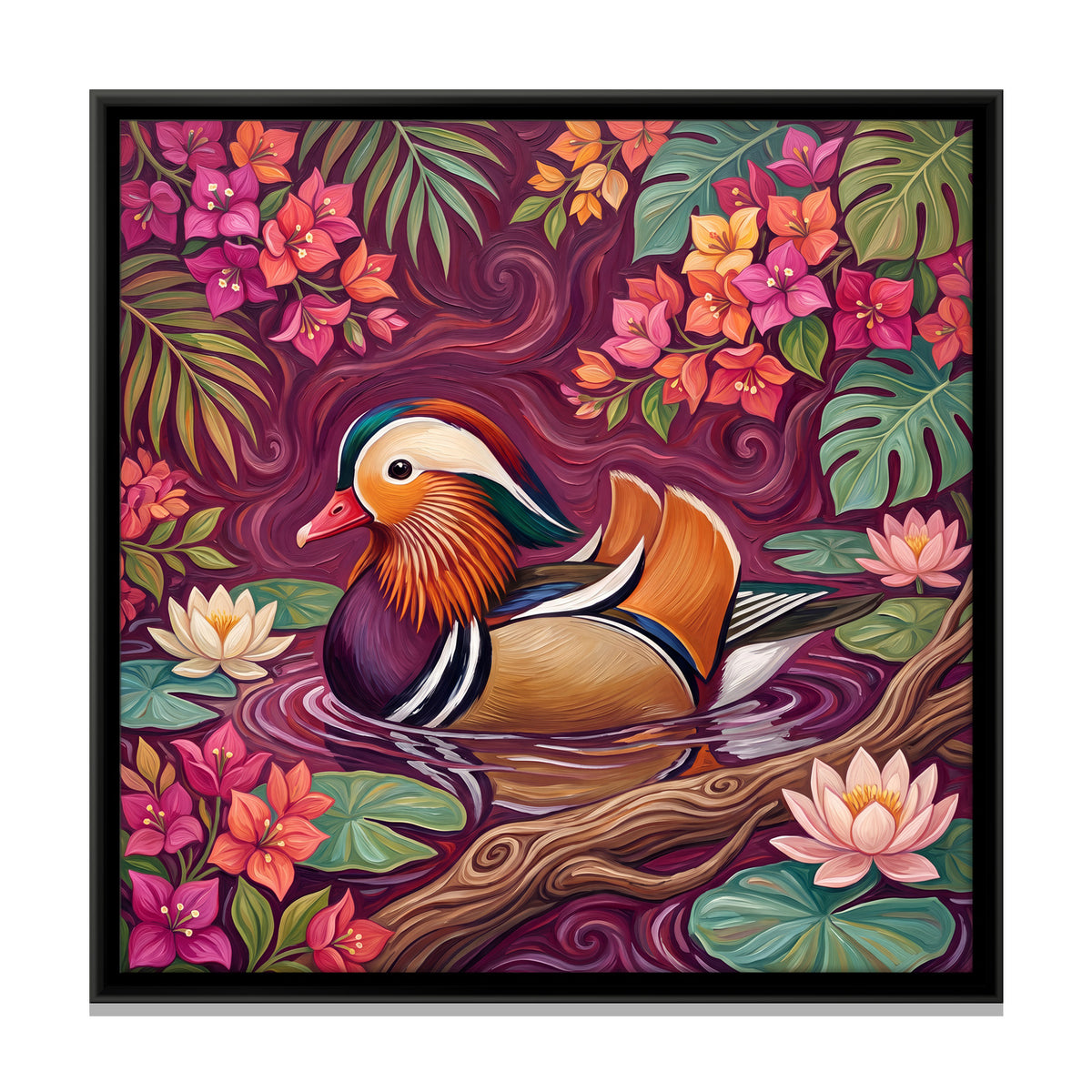Mandarin Duck Among Lotus - framed canvas print, front view
