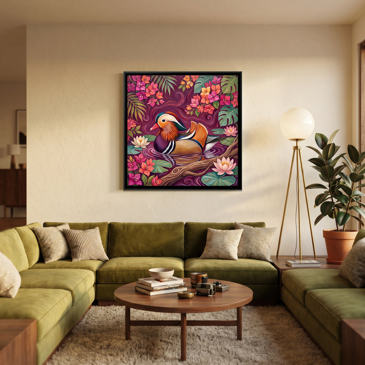 Mandarin Duck Among Lotus - canvas art shown in a styled room
