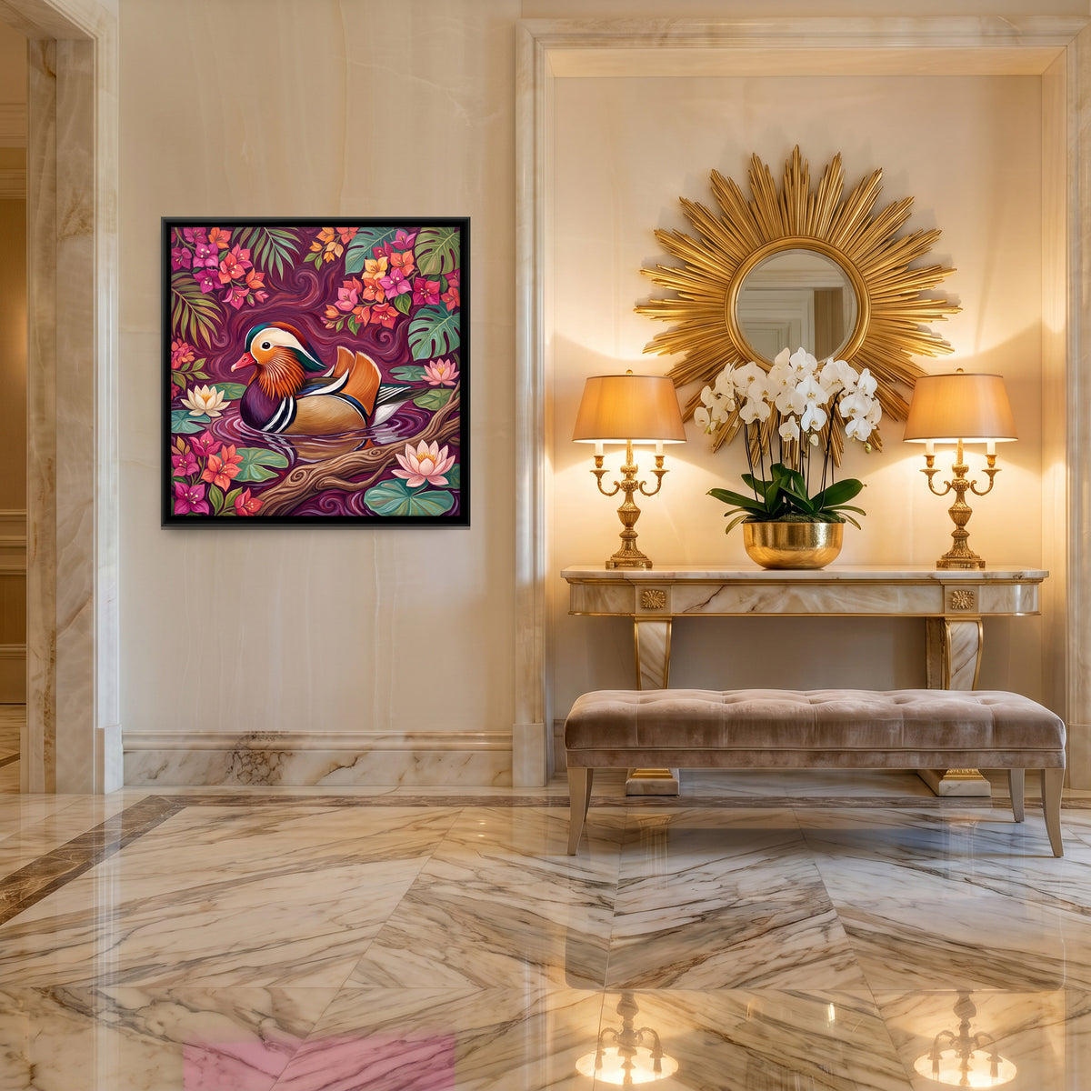 Mandarin Duck Among Lotus - canvas art shown in a second room setting