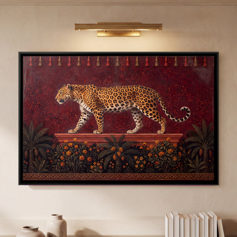 Leopard on a Garden Terrace - framed canvas art hung on a wall