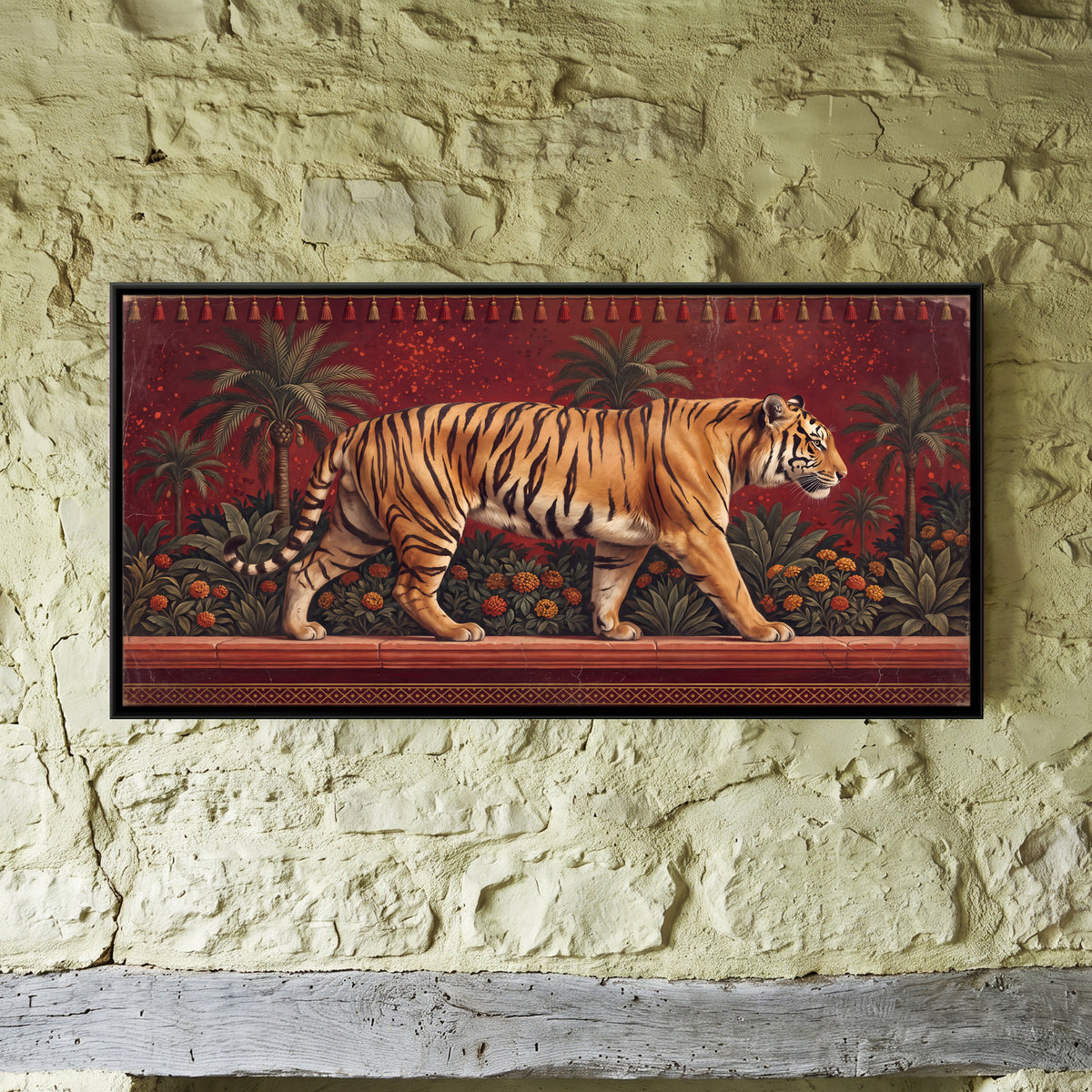 Tiger on a Garden Terrace - framed canvas art hung on a wall