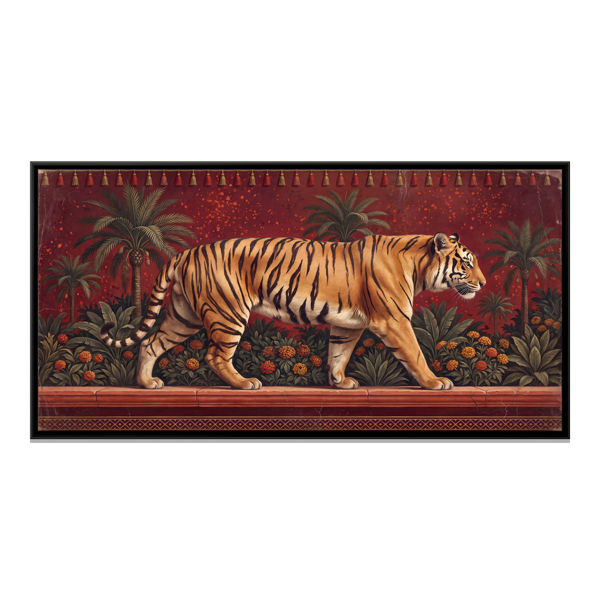Tiger on a Garden Terrace - framed canvas print, front view
